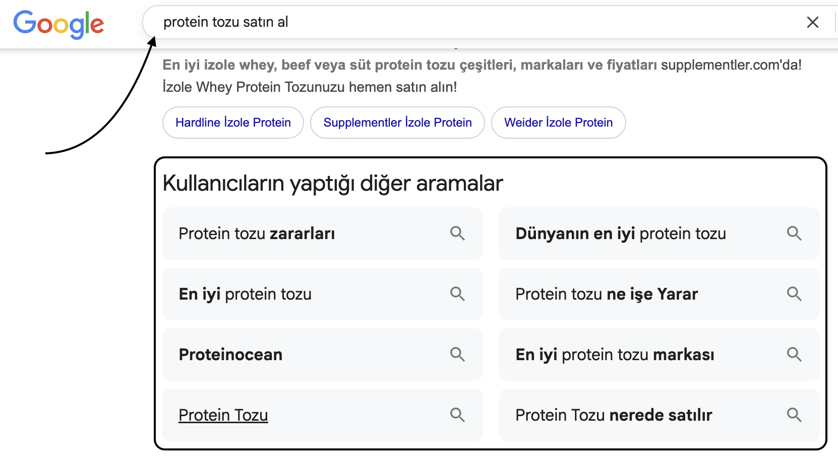 Kullanıcıların yaptığı diğer aramalar alanı Google