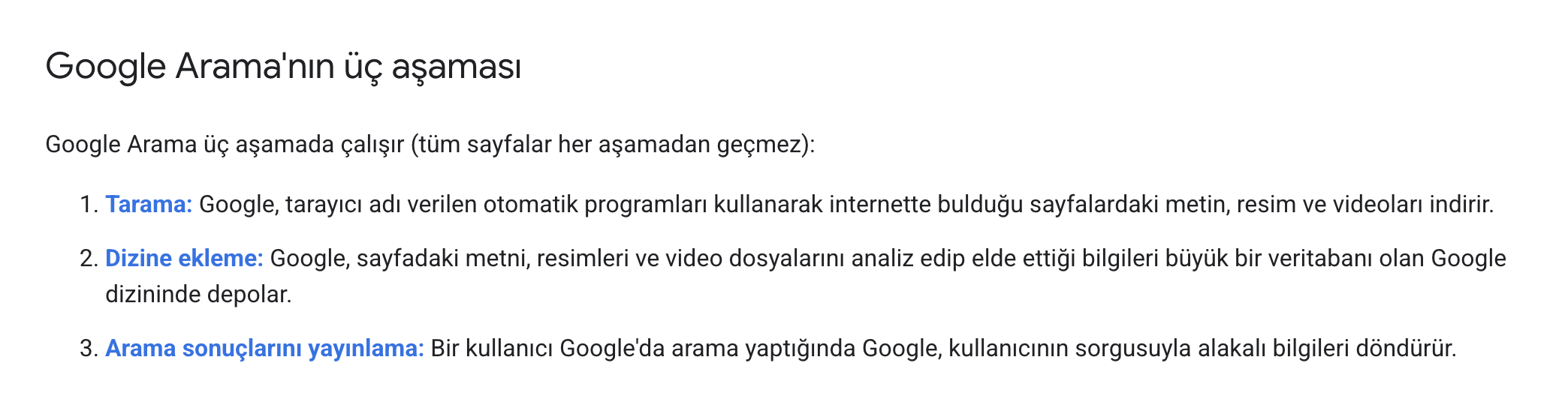 Google Arama'nın üç aşaması