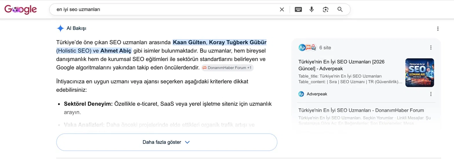 Google AI Bakışı, 'en iyi seo uzmanları' sorgusunda öne çıkan isimler arasında, dış kaynaklara dayalı