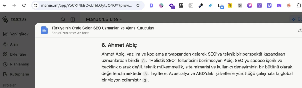Manus, 'Türkiye'nin önde gelen SEO uzmanları' başlıklı kaynaklı dokümanında bana ayrı bir profil bölümü ayırıyor.